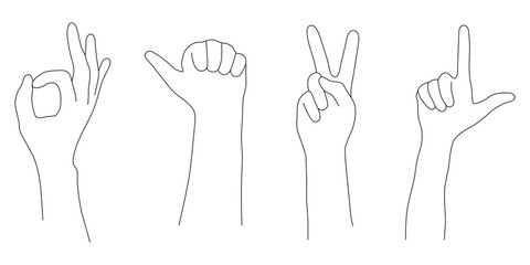 Fototapeta premium Set of Hand Gestures Line Art Collection. A comprehensive set of minimalist line art illustrations featuring various common hand gestures. Each gesture is rendered with a clean black outline.