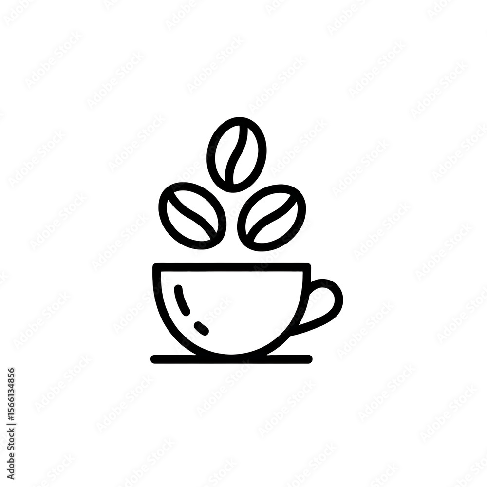 Aufkleber simple black line art icon of a coffee cup with three coffee beans resting on top and a subtle abstr