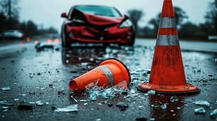 A red car with a damaged front end is stopped on a wet road behind two orange traffic cones and shattered glass.