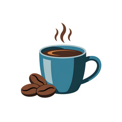 Obraz premium A steaming cup of hot dark coffee sits next to three brown roasted coffee beans on a white background with abstract vertical lines