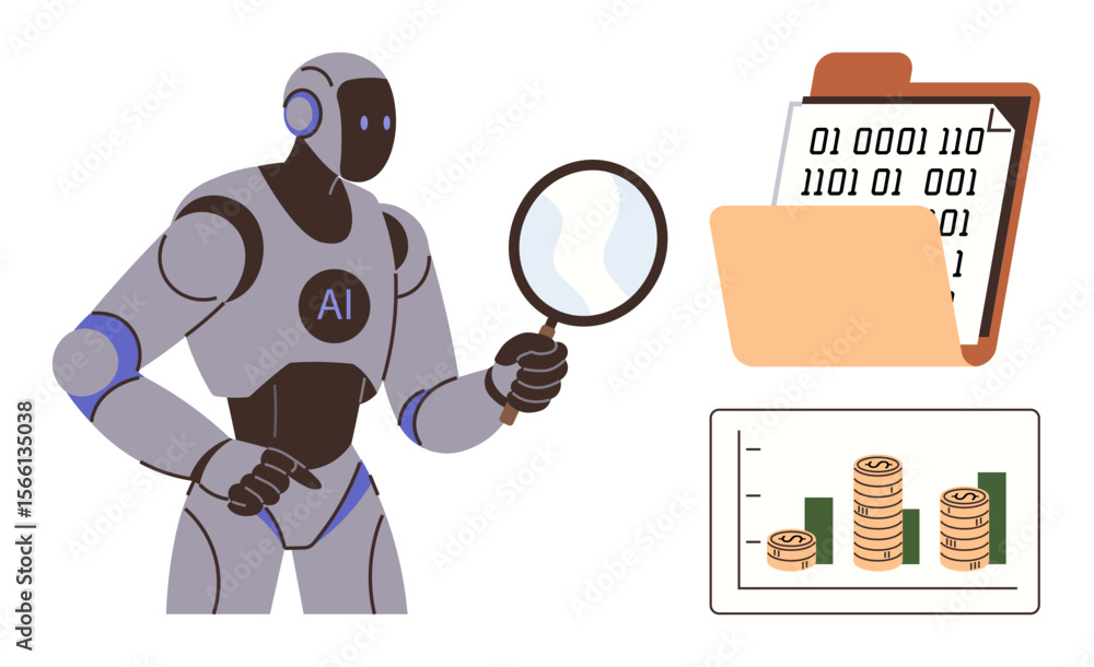 Poster robot labeled ai using a magnifying glass inspecting binary data file and analyzing stacked coins gr