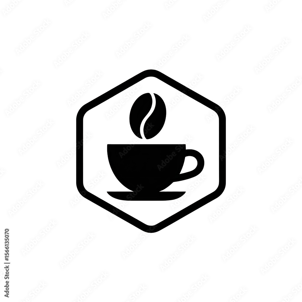 Aufkleber Abstract black and white logo design featuring a coffee cup with a coffee bean inside enclosed within a hexagonal frame with vertical lines