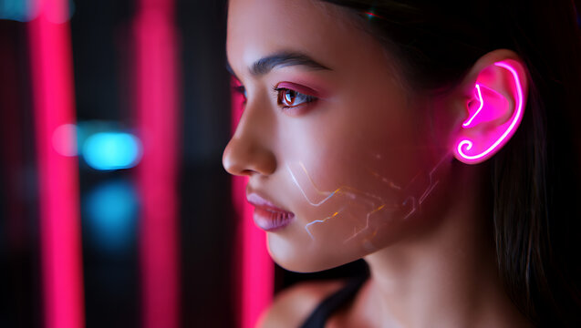 Close up of a young woman with futuristic neon ear jewelry and glowing facial markings