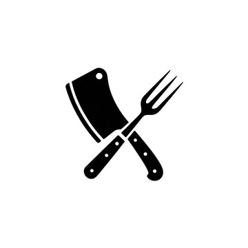Black silhouette of a crossed butcher knife and carving fork with white handles symbolizing meat preparation and culinary arts