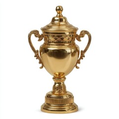 Fototapeta premium Ornate golden trophy cup with handles and lid isolated on white background