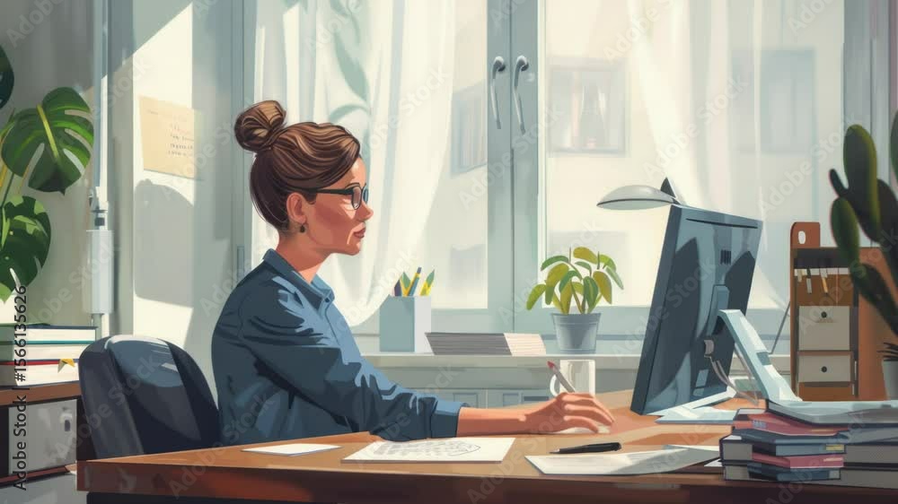 Poster A person typing away at a desk with a laptop and a calm expression