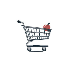 A stylized illustration of a shopping cart with a single red apple inside symbolizing healthy food choices and grocery shopping