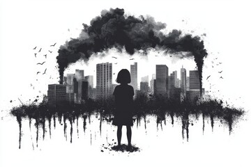 Child staring at a polluted cityscape with dark smoke rising from buildings and birds flying overhead during the day