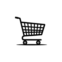 A black silhouette of a shopping cart is depicted with a barcode integrated into its design symbolizing commerce and retail transactions