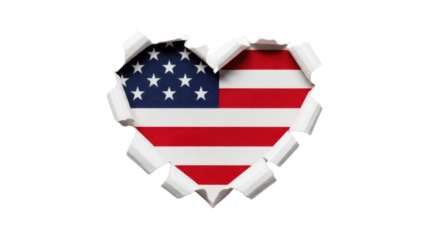 American flag in heart shape behind ripped paper isolated PNG with Transparent Background