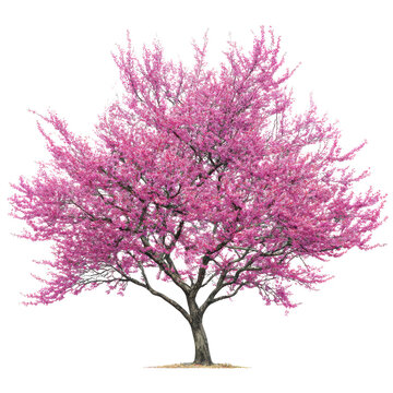 A beautiful eastern redbud tree in full bloom with vibrant pink flowers isolated on a transparent background