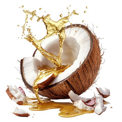 Golden coconut oil splashing from a cracked coconut, presenting a tropical ingredient with a transparent background.