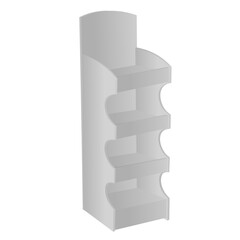 Blank white display shelf set. Realistic 3D exhibition stand to showcase products. Promotional mockup for retail merchandising design