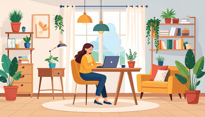 the scene depicts an individual sitting at a table and using a portable computer inside a room that is decorated with lots of greenery
