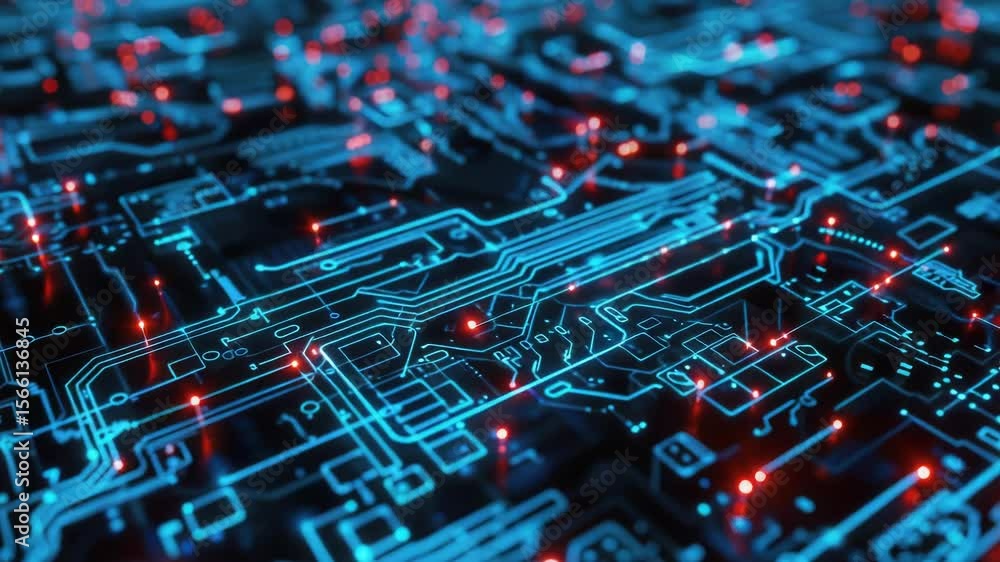 Poster Close-up shot of a circuit board with red and blue LED lights