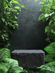 ultra HD picture of Black Stone podium between green plant leaves with space for placing products high detail 8k