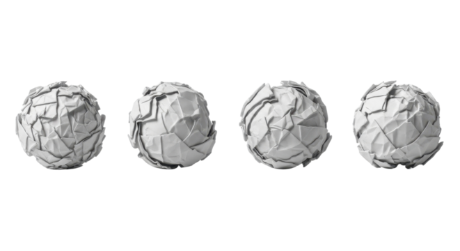 Row of four crumpled paper balls isolated PNG with Transparent Background