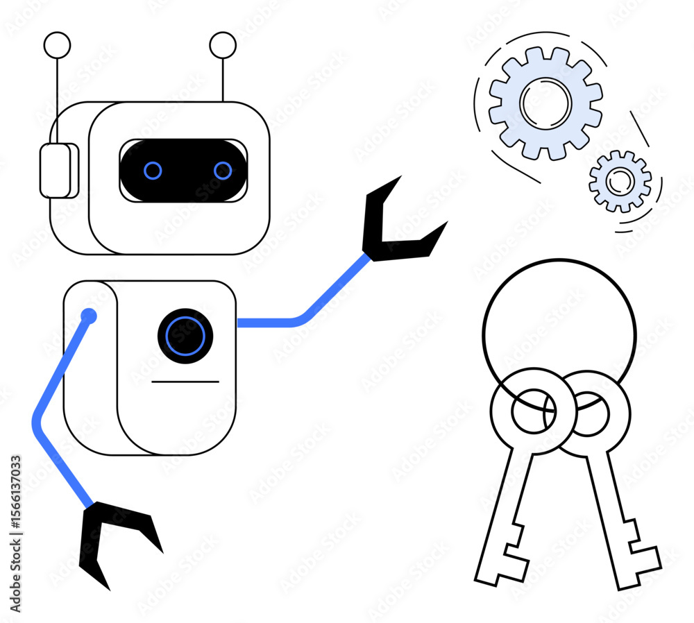 Poster robot with claw arms holding keys, gears spinning in background. ideal for automation, ai, technolog