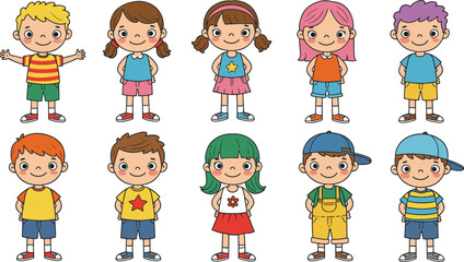  Set of cartoon kids standing in colorful clothes, cute children characters, diverse boys and girls, vector illustration, isolated flat vector illustration