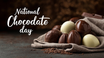 big white text "National Chocolate day" prominently displayed it the top op the photo. A few luxury pralines are in the lower part of the photo. Sweet chocolate truffles. Sweet food containing sugar.