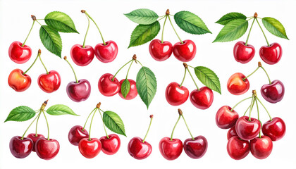 the image is a collection of several groupings of red stone fruits on a solid white background. most of the fruit pairings are connected to a singular stem and feature several deep green leaves