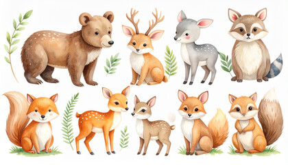 Obraz premium in a flat presentation, a group of watercolor woodland creatures face forward, surrounded by delicate greenery