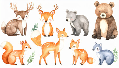 Naklejka premium the image is a watercolor style illustration featuring a collection of woodland animals. the animals include deer with antlers, various types of bears, a squirrel, and different types of foxes