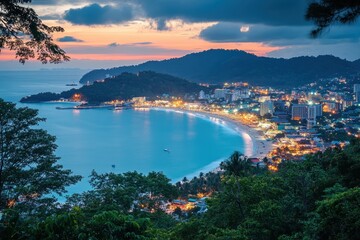 Evening cityscape of Patong Beach on Phuket Island showcasing coastal beauty and vibrant nightlife, Phuket island Patong beach evening cityscape Thailand travel destination