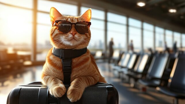 A cool orange tabby cat wearing sunglasses and a harness sits confidently on a suitcase in a modern airport terminal with large windows and city views. - Powered by Adobe