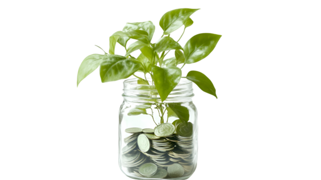 Green plant sprouts from a jar filled with coins, demonstrating financial growth and the concept of money growing like nature, transparent background