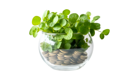 Vibrant greenery sprouts from a glass bowl filled with coins against a dark backdrop, symbolizing growth and investment, transparent background
