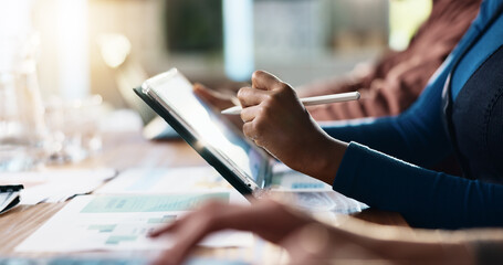 Hands, tablet and writing with business person at desk in coworking office for design or development. App, creative and pen with graphic designer in workplace for website illustration or planning