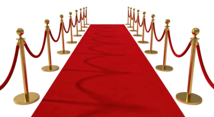Red carpet entrance with golden stanchions isolated PNG with Transparent Background