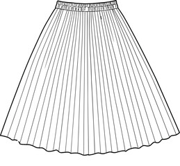 Elegant long pleated skirt technical flat cad drawing vector illustration showing classic waistband detail for modern fashion design template mockup apparel sketch