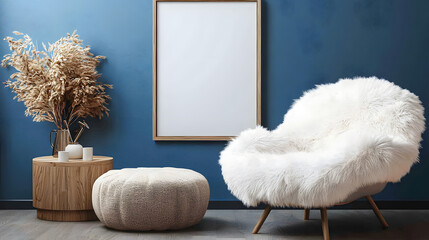 Elegant modern living room interior design with fluffy armchair, pouf, wooden commode, mock up poster frame and modern home accessories