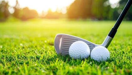 Golf club and balls on green grass.