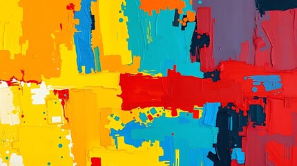 Fototapeta premium Bright Geometric Abstract Painting with Yellow, Red, Blue and Pink Color Blocks on Canvas