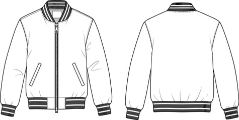 Trendy varsity bomber jacket front and back technical flat cad drawing vector illustration for modern fashion apparel design template and branding mockup