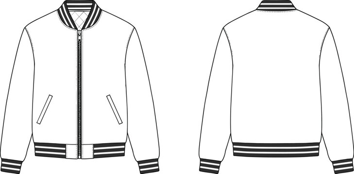 Modern varsity bomber jacket front back view technical flat cad sketch vector illustration for stylish apparel fashion design template mockup