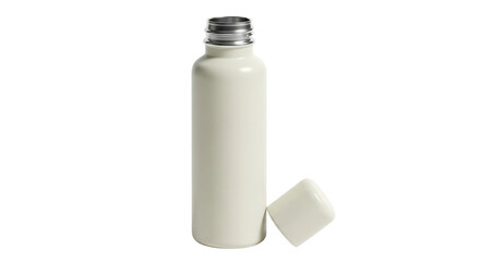 Minimalist cream-colored aluminum water bottle with a silver cap and detached matching lid, perfect for hydration, fitness, and outdoor activities, isolated on a clean white background.