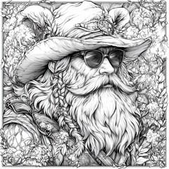 Wizard and magical creatures coloring page, bold lines, fantasy elements on white background