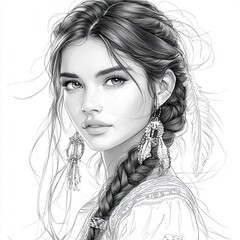 native american girl portrait coloring page with traditional accessories and bold outlines on white background