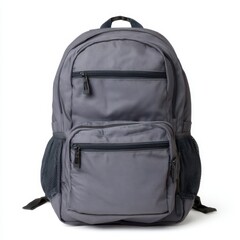Fototapeta premium Modern grey backpack with multiple zippers and mesh pockets isolated on white background