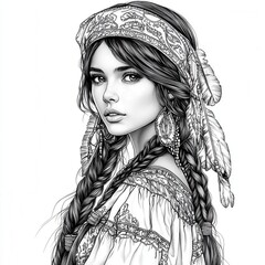 native american girl portrait coloring page with traditional accessories and bold outlines on white background