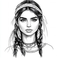 native american girl portrait coloring page with traditional accessories and bold outlines on white background