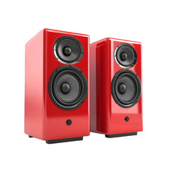 Fototapeta premium Vivid red speakers showcased on a black backdrop, ideal for home audio enthusiasts or showcasing modern audio equipment, transparent background