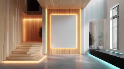 Modern interior with wooden stairs, vertical slats, soft ambient lighting, and large windows creating a warm and minimalist architectural space.