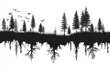 Silhouette of a forest landscape with trees, birds, and roots against a stark white background at dusk or dawn