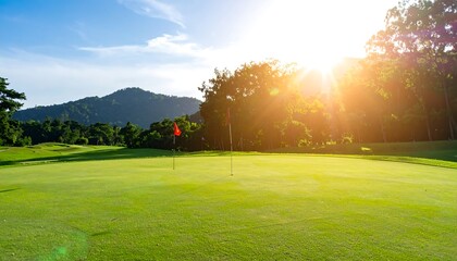 Fototapeta premium Golf course with green with flags, and mountain view.
