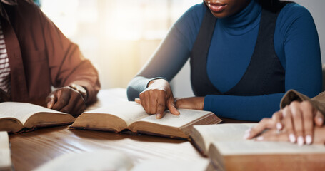Hands, reading and people for Bible study, worship or group learning gospel for religion. Faith,...